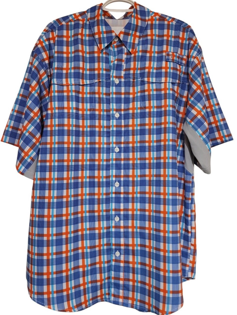 Reel Legends Mariner II Fishing Shirt Venting Orange Blue Plaid Large Short Slv